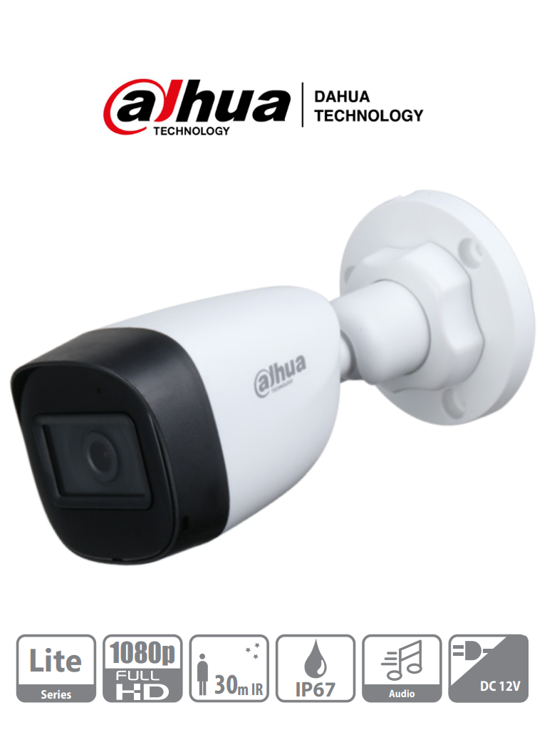 DAHUA HAC-HFW1200CN-A - Cámara Bullet 1080p/ Micrófono Integrado/ Lente de 2.8mm/ 30 Mts de Ir/ IP67/ Policarbonato/ CVI/CVBS/AHD/TVI/ BLC/HLC/DWDR #VolDH #CLCN #FD #DMIP