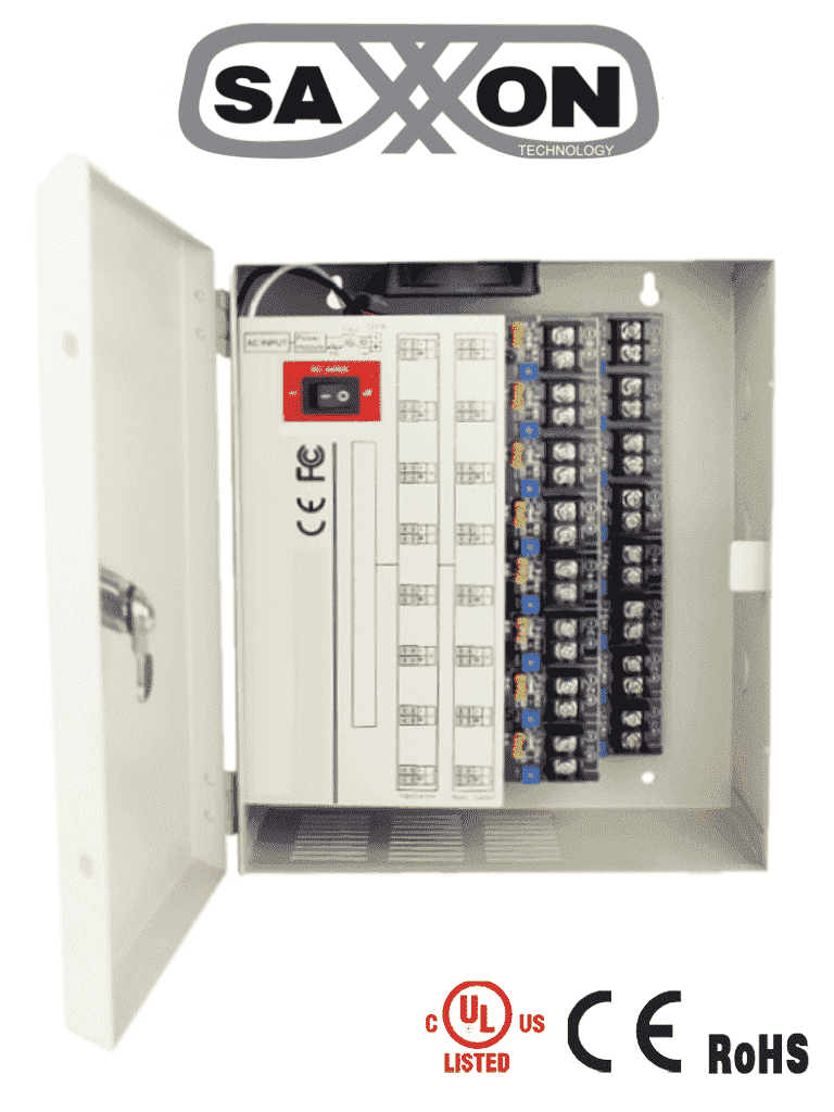 SAXXON PSU1220D16H- Fuente de Poder Profesional de 11 a 15 vcd/ 20 Amperes/ Para 16 Camaras Hasta 4k/ 1.25 Amperes por Canal/ Protección contra Sobrecargas/ Filtro de Ruido por Canal/ Uso rudo/ #FuenteSAXXON