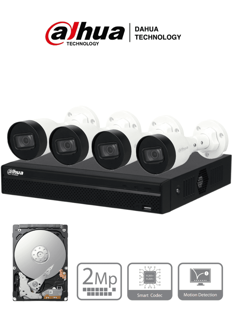DAHUA KITNVR1104HS-P+4C1TB- Kit IP de 4 canales con NVR con 4 puertos PoE, 1TB de almacenamiento, y 4 cámaras bullet de 2MP con IR de 30 metros y clasificación IP67 para exteriores. Ideal para una vigilancia eficiente y robusta. #KitDahua