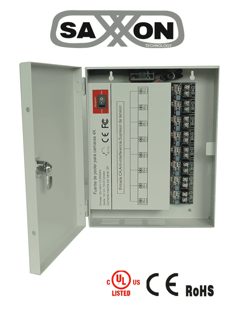 SAXXON PSU1213D8H- Fuente de Poder Profesional de 11 a 15 vcd/ 13 Amperes/ Para 8 Camaras Hasta 4k/ 1.6 Amperes por Canal/ Protección contra Sobrecargas/ Filtro de Ruido por Canal/ Uso rudo/ #FuenteSAXXON